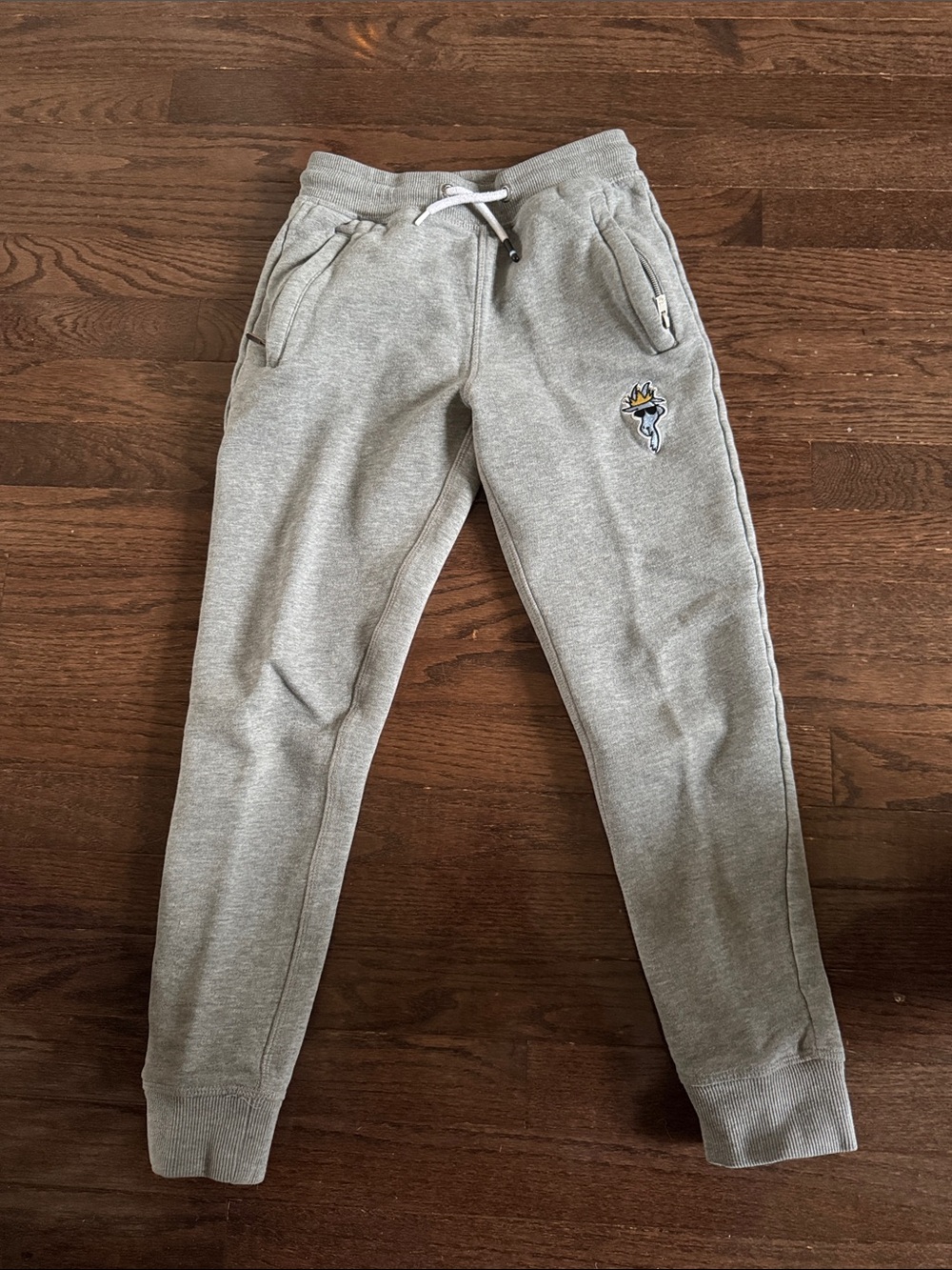 Kids Light Gray Fleece Joggers with Embroidered Patch